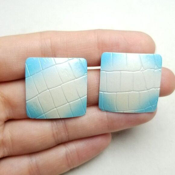 Vintage Light Blue and White Enamel Square Stud Earrings, Textured Surface - Picture 6 of 6